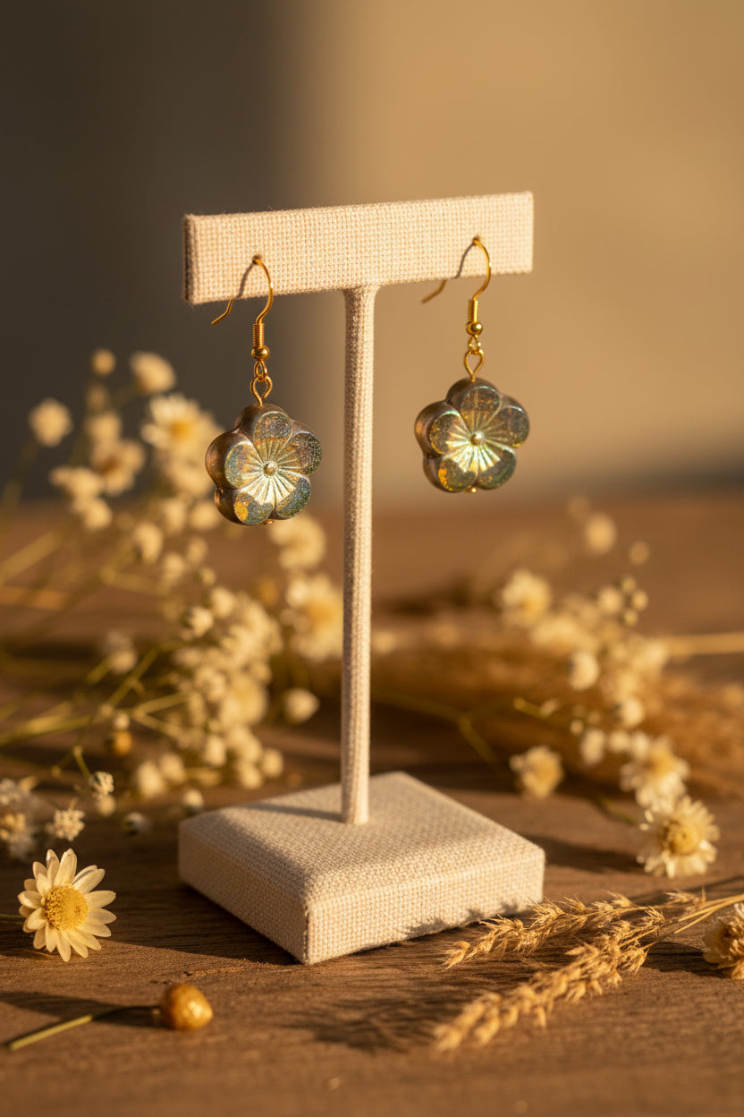 A pair of gold-tone dangle earrings with flower-shaped charms, one in iridescent brown and the other in yellow and green, hanging from a clear display stand against a light gray background.