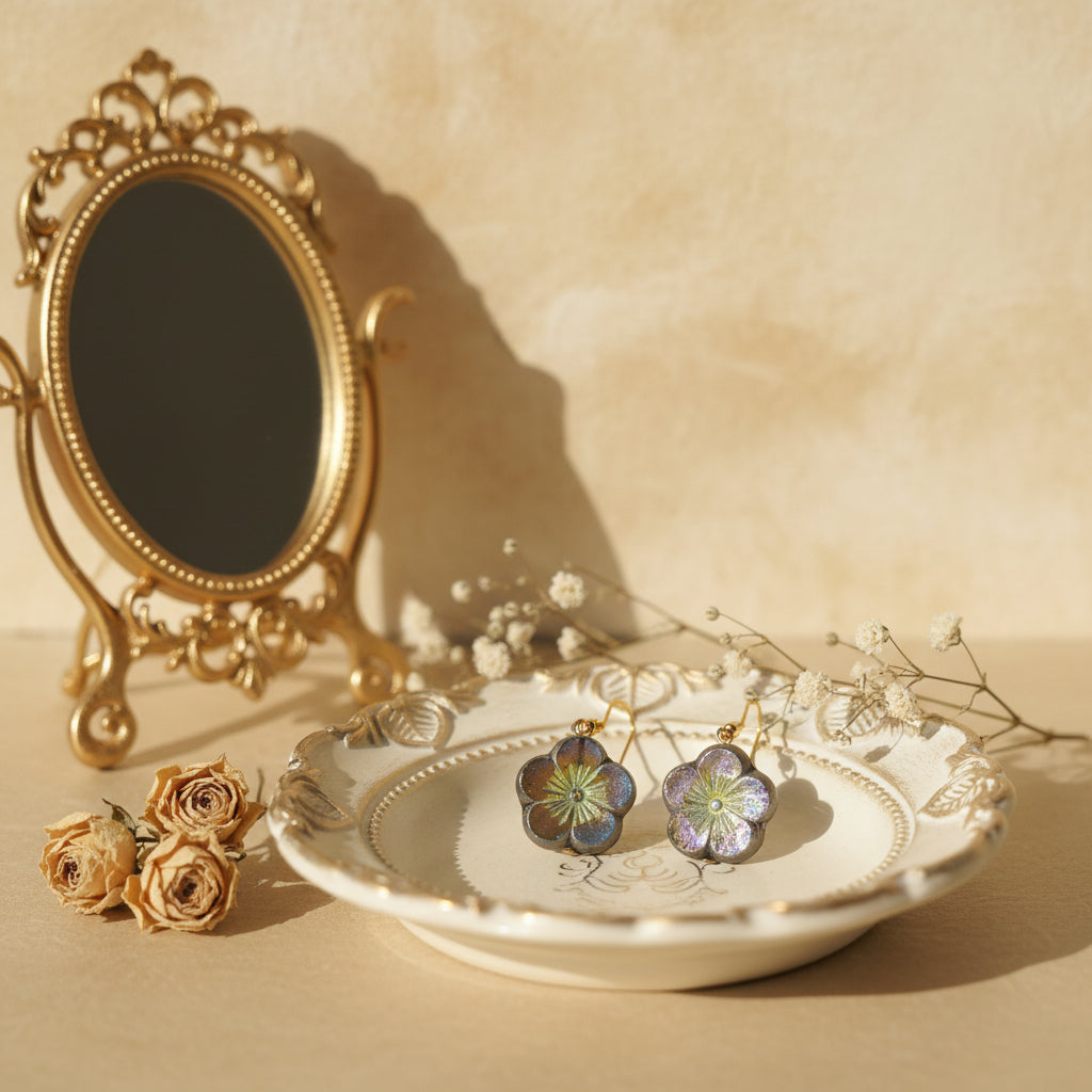 A pair of gold-tone flower dangle earrings with iridescent petals, displayed on a clear plastic stand against a light gray background.