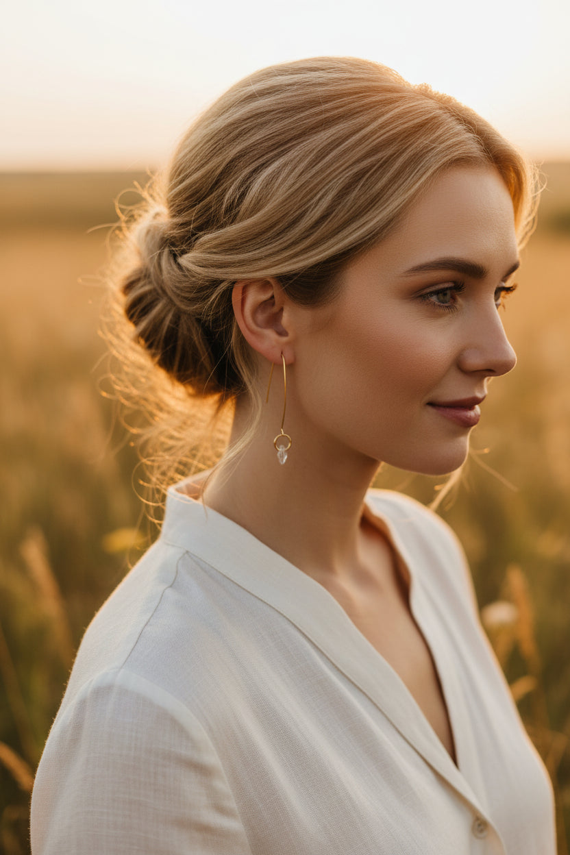 A pair of gold-toned dangle earrings with thin vertical bars, circular hoop details, and small clear teardrop charms, displayed on a transparent stand against a light gray background.