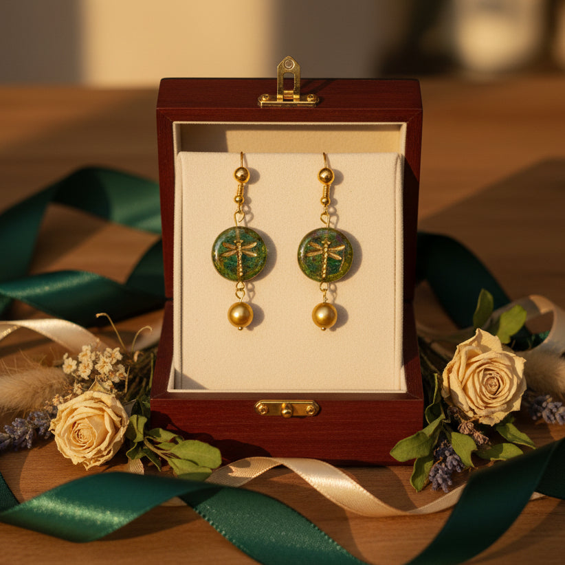 Gold earrings with green circular designs and gold beads on a gray background