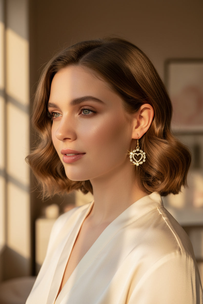 Heart-shaped earrings on a 'River Inspired' branded card against a white background