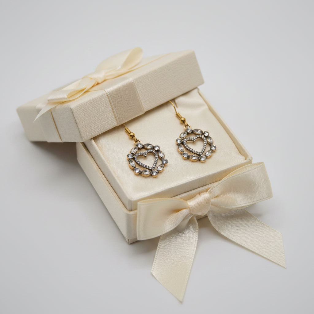 Heart-shaped earrings on a 'River Inspired' branded card against a white background