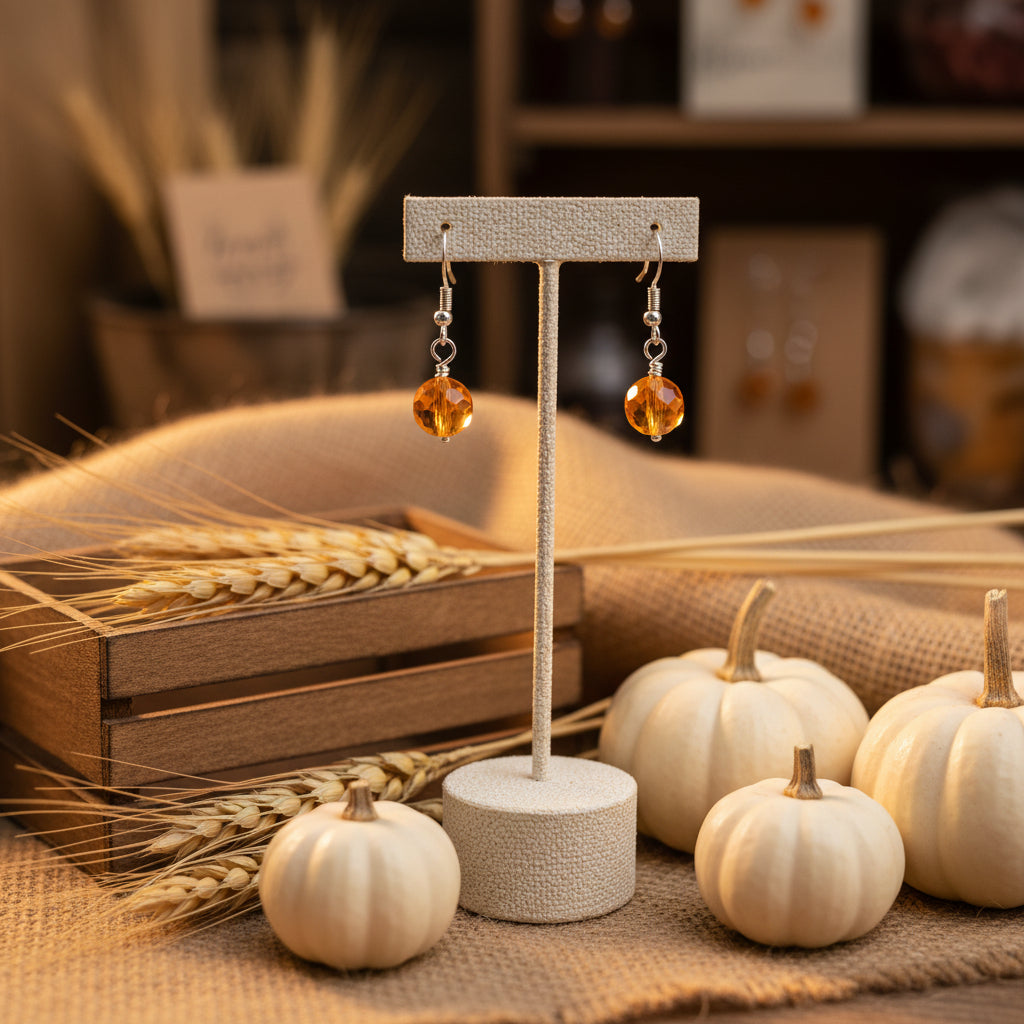 A pair of handmade dangle earrings with faceted orange beads and silver hooks, displayed on a clear plastic stand against a neutral gray background.