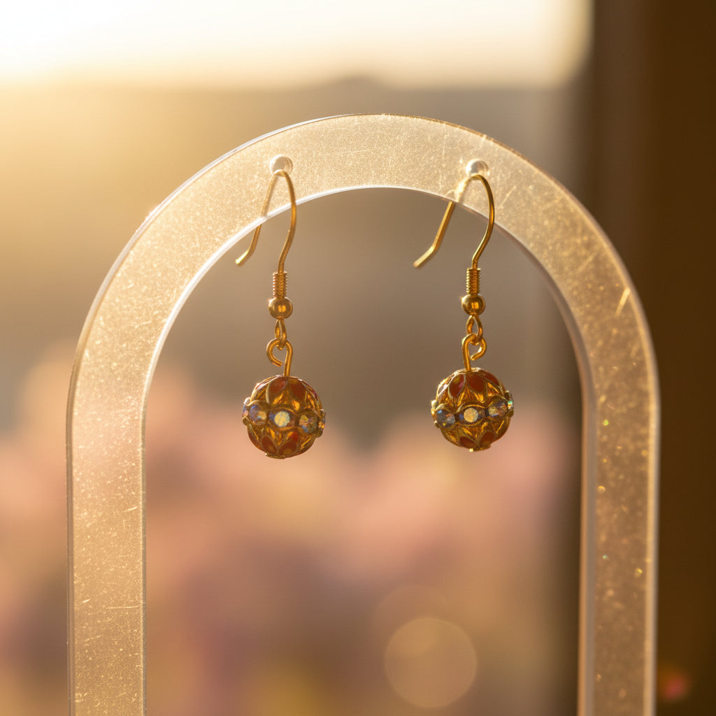 A pair of gold-tone dangle earrings with small, round, colorful enamel-painted beads featuring red, yellow, and blue details, displayed on a clear acrylic stand against a neutral gray background.