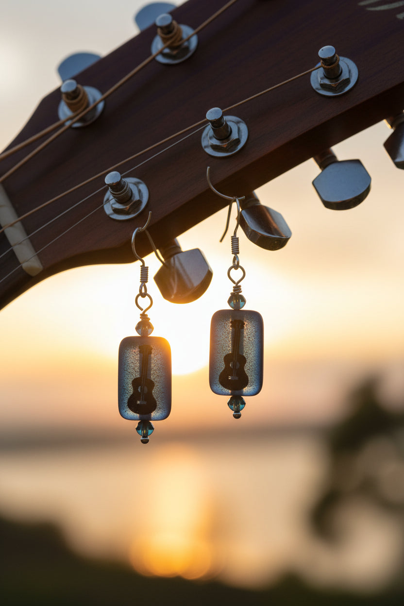 Pair of earrings with blue rectangular beads and guitar-shaped charms on a gray background