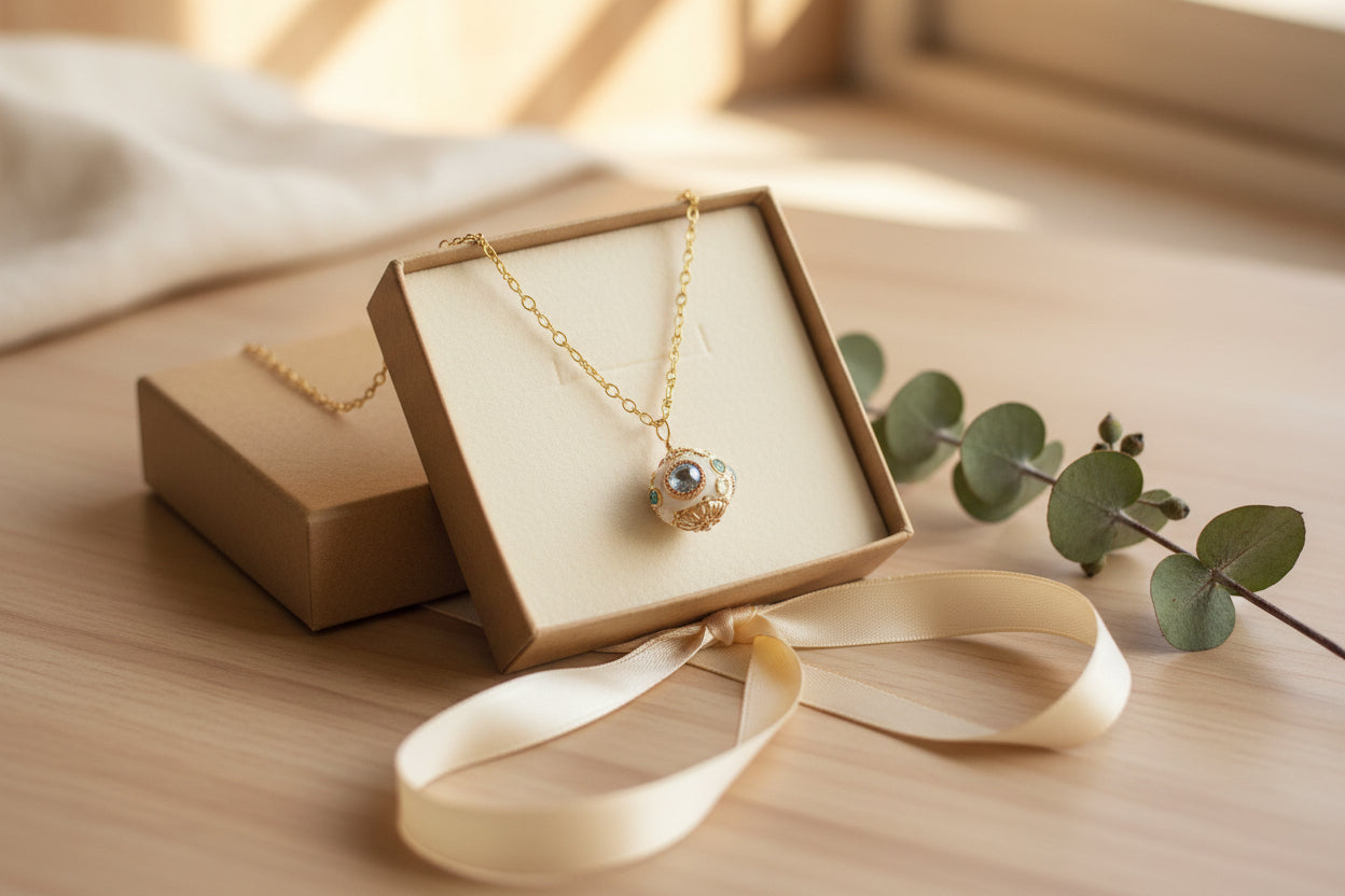 A gold chain necklace with a small round pendant displayed on a black velvet jewelry bust against a white background.