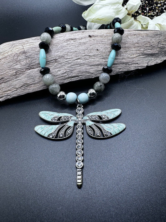 22-Inch Dragonfly Necklace with Turquoise Howlite and Labradorite Beads