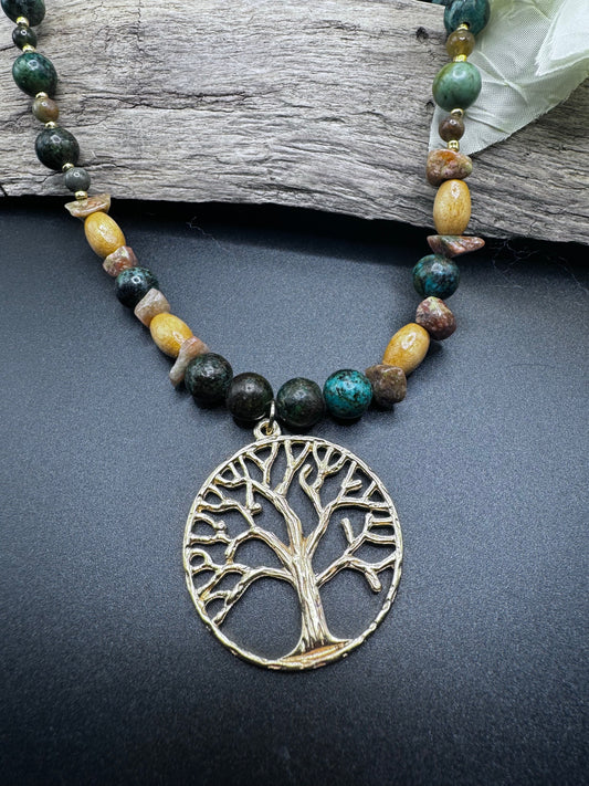 22-Inch African Turquoise Necklace with Tree of Life Pendant and Gold Accents