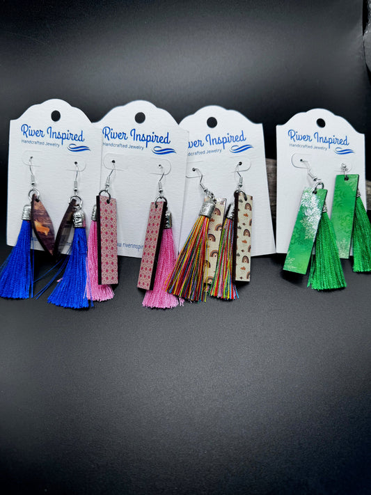 Tassel Sublimation Earrings – 4 Unique Designs: Plaid, Boho Rainbow, Pink Polka Dot, Green Snowflake