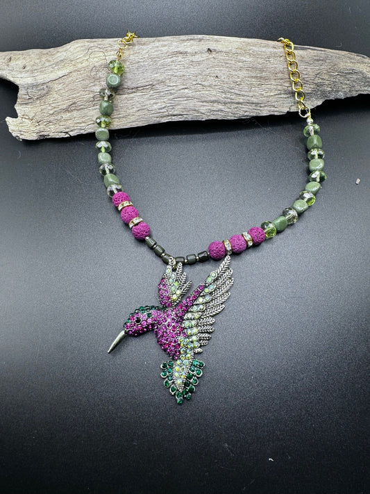 Hummingbird Necklace with Lava, Nephrite Jade, and Vintage Glass Beads | 18-inch Handmade Jewelry