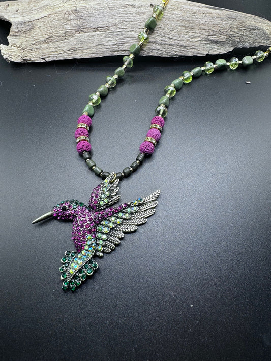 Hummingbird Necklace with Magenta and Green Crystals | 22-inch Jewelry with Nephrite Jade and Lava Beads