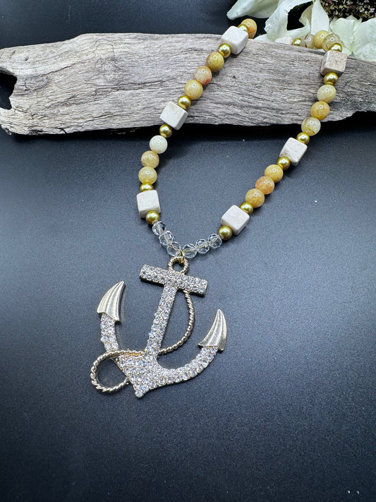 22-Inch Jasper and Sandstone Beaded Necklace with Crystal Anchor Pendant