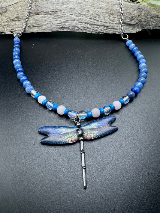 Blue Aventurine and Crystal Necklace with Dragonfly Pendant – Silver Chain