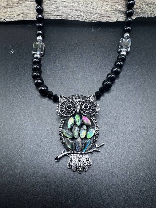 22-Inch Owl Pendant Necklace | Black Tourmaline & Clear Crystals