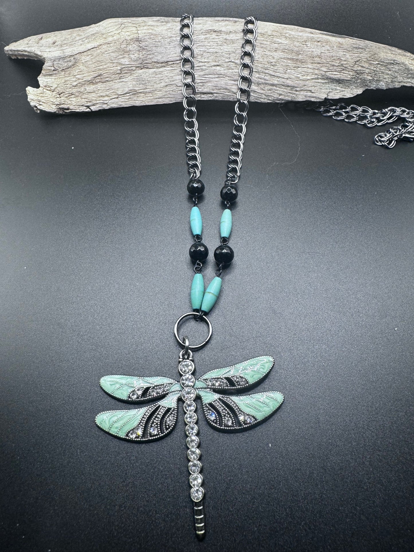 27-Inch Dragonfly Necklace with Turquoise Howlite and Labradorite Beads