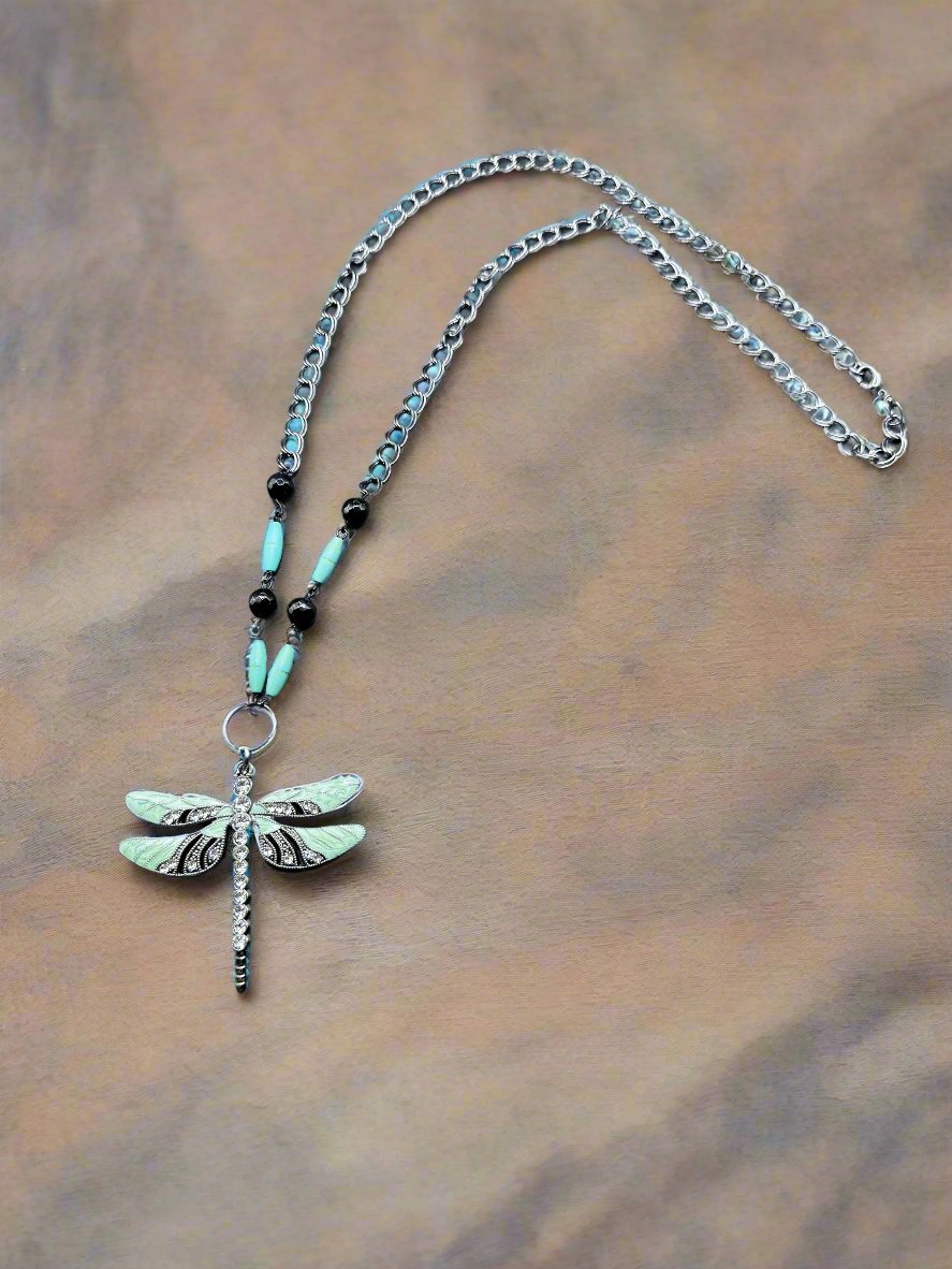 27-Inch Dragonfly Necklace with Turquoise Howlite and Labradorite Beads