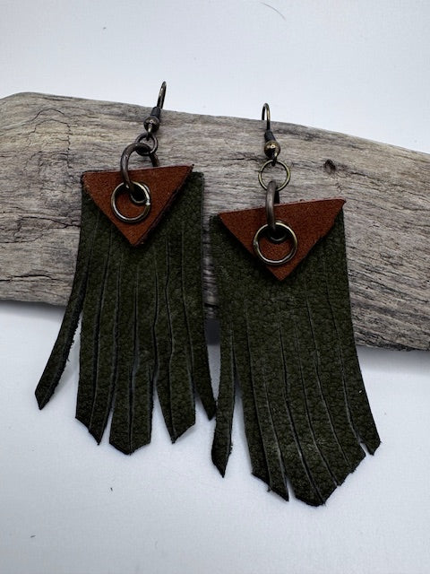 Green Fringe Genuine Leather Earriings