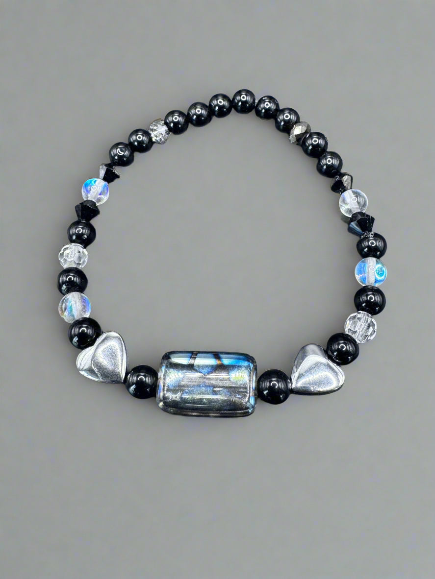 Black Beaded Bracelet with Silver Hearts