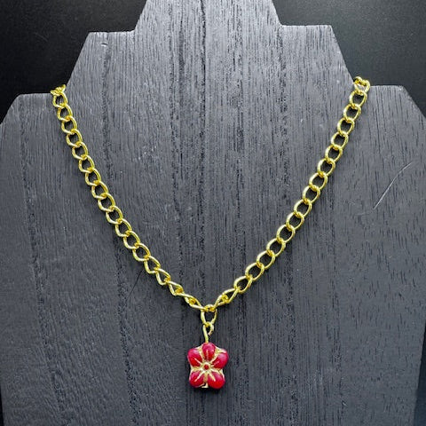 Czech Glass Flower Pendant Necklace – 18" Gold Chain