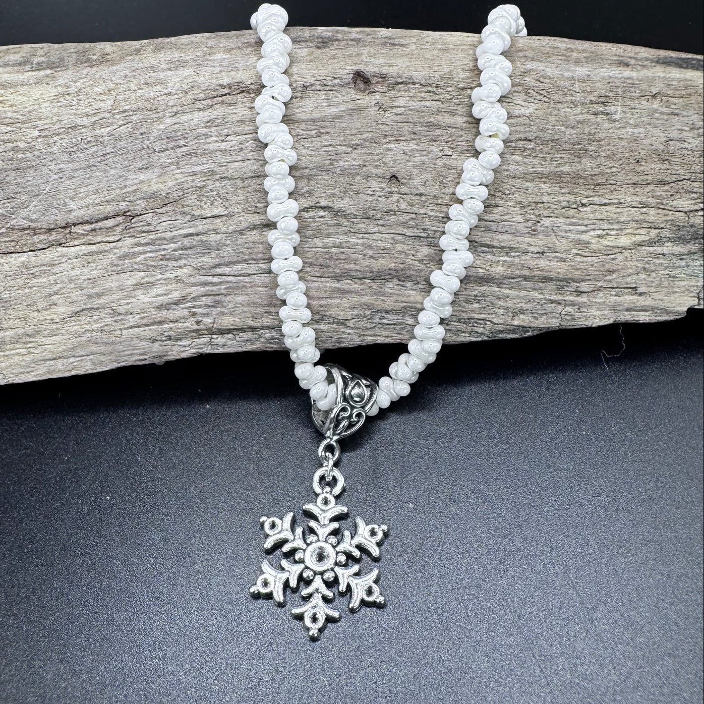 Winter Frost Snowflake Necklace – 21” White Peanut Seed Beads