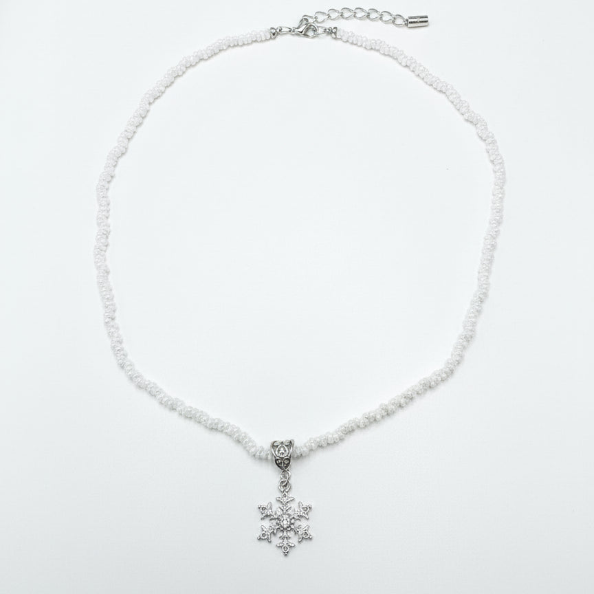 Winter Frost Snowflake Necklace – 21” White Peanut Seed Beads