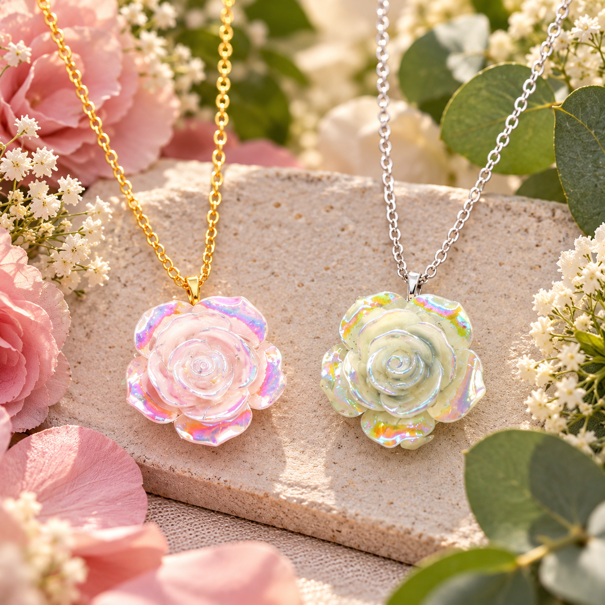 Iridescent Rose Bloom Necklace – 18" | Pink & Gold or Green & Silver