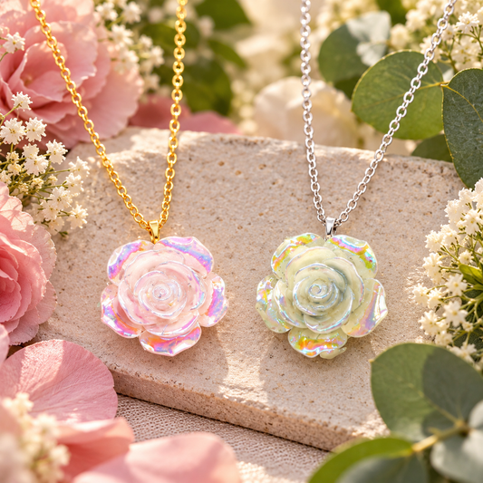 Iridescent Rose Bloom Necklace – 18" | Pink & Gold or Green & Silver