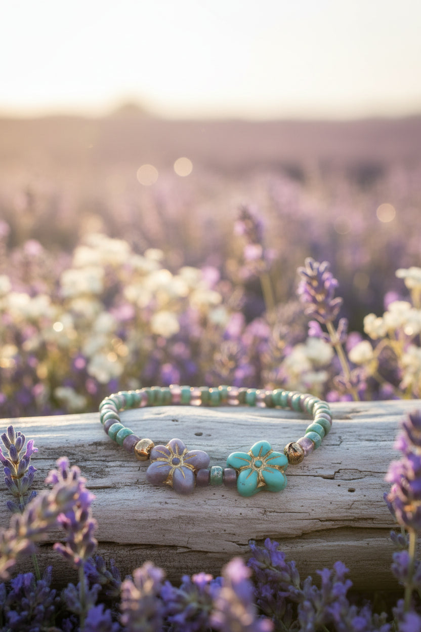 A beaded stretch bracelet featuring green and purple beads, two large flower-shaped beads (one purple, one turquoise with gold trim), and small gold spacer beads, displayed on a light gray surface.