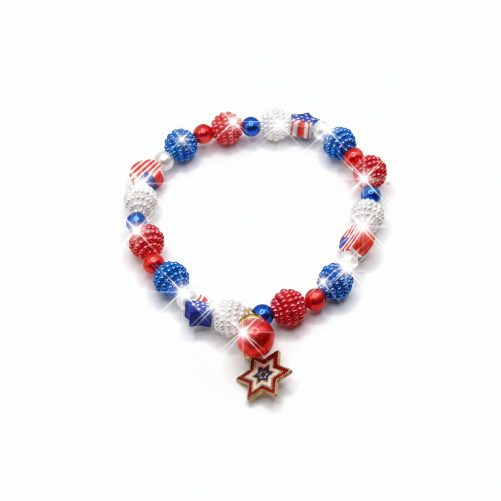 Beaded bracelet with red, white, and blue beads on a gray background