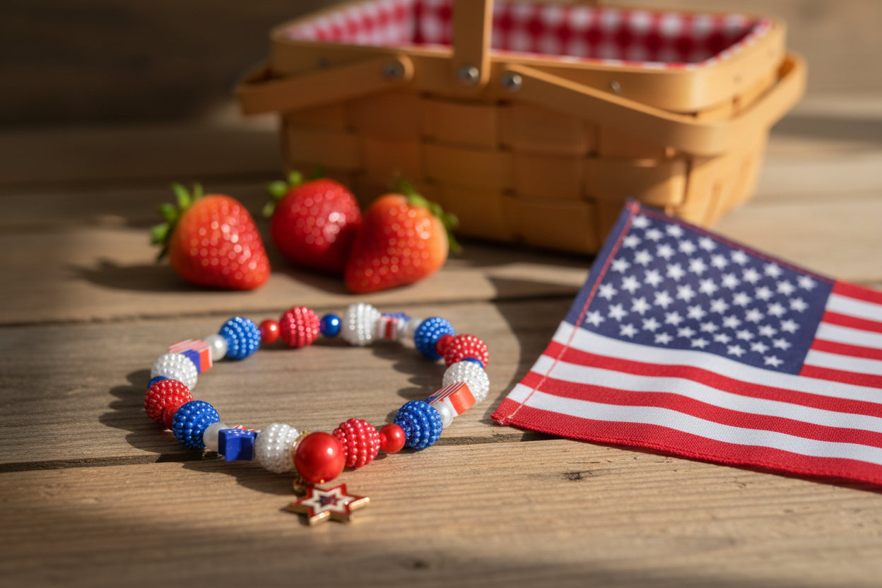 Beaded necklace with red, blue, and white beads on a gray background