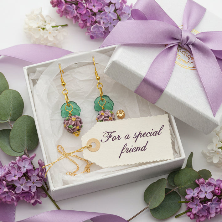 Pair of earrings with green leaves and purple flower-like beads on a gray background