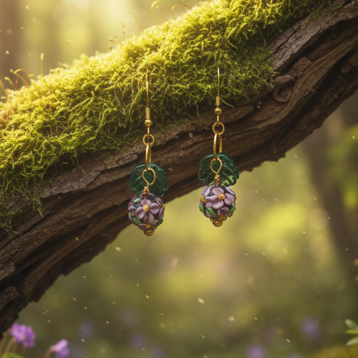 Pair of earrings with green and purple floral designs on a gray background