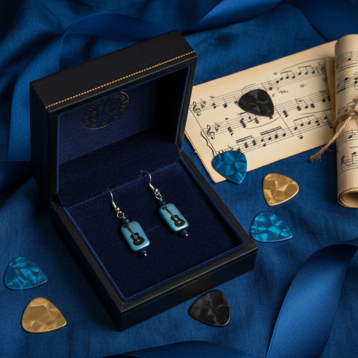 Pair of earrings with blue rectangular beads on a gray background