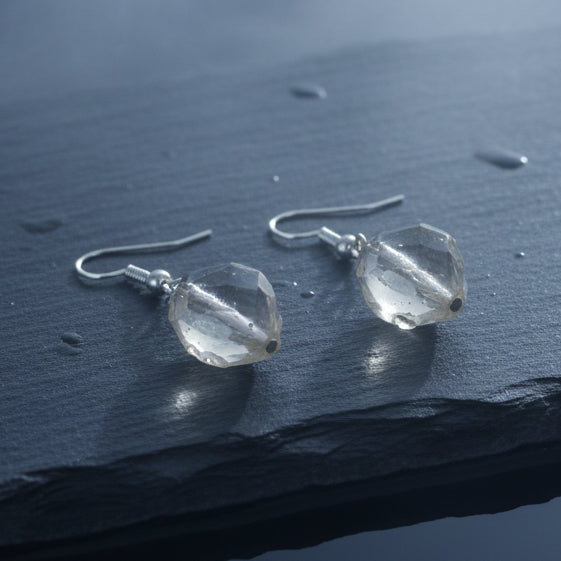 Pair of earrings with clear gemstones on a gray background