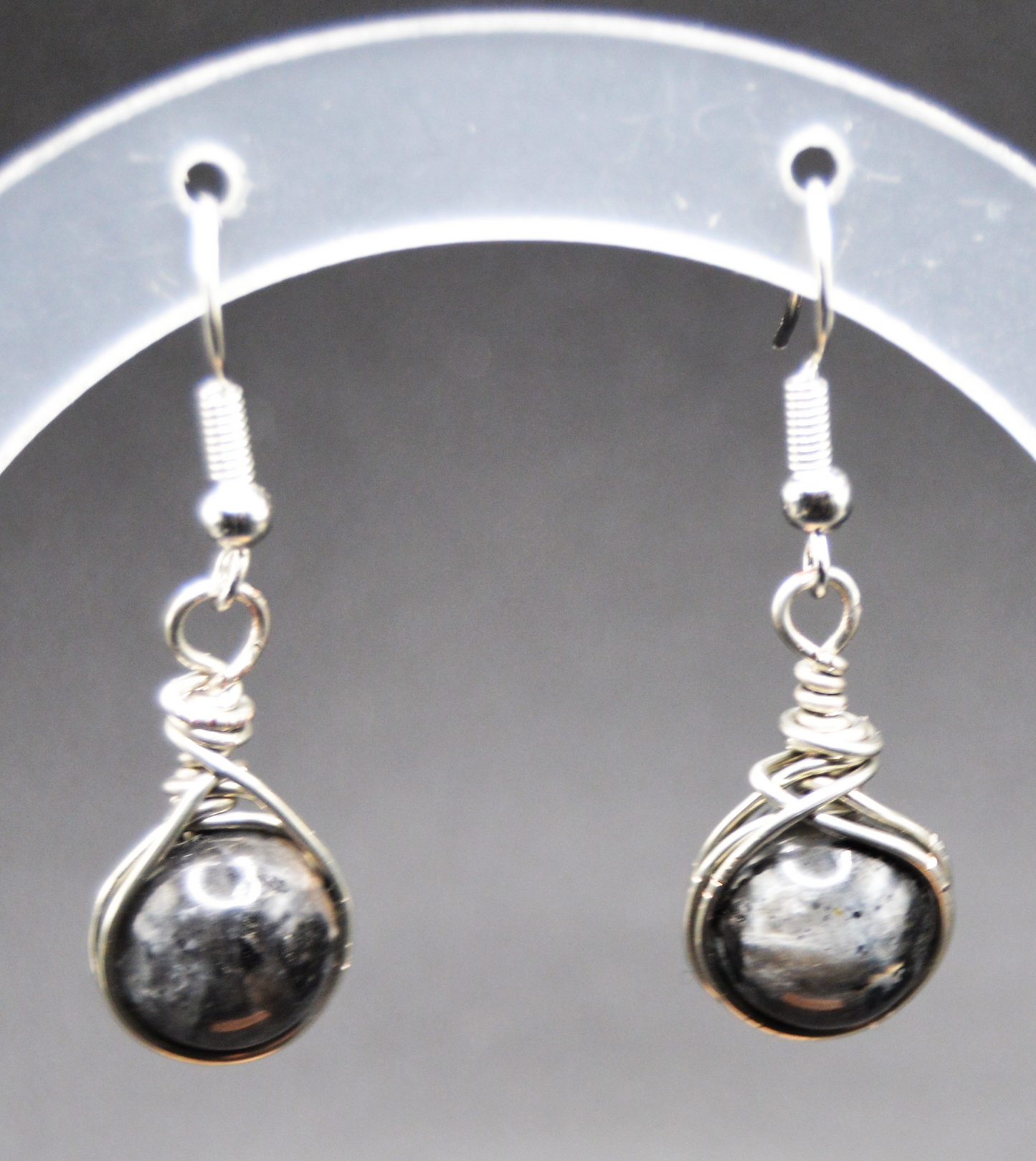 Mystic Night Elegance: Handcrafted Silver Wire-Wrapped Black Larvikite Earrings