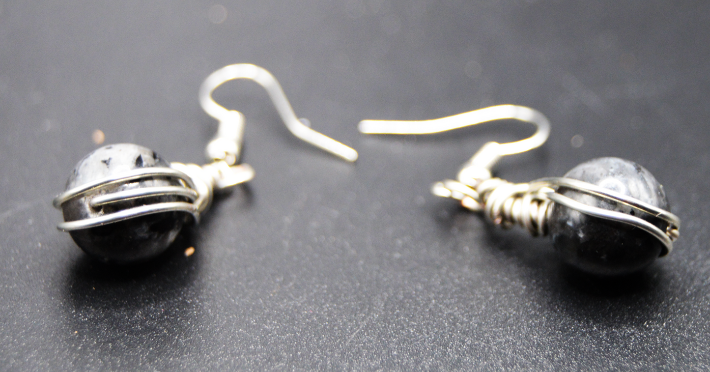 Mystic Night Elegance: Handcrafted Silver Wire-Wrapped Black Larvikite Earrings