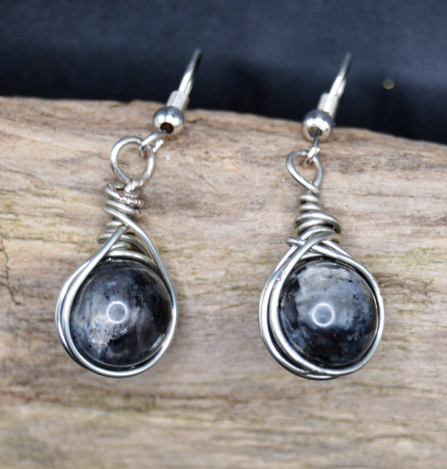 Mystic Night Elegance: Handcrafted Silver Wire-Wrapped Black Larvikite Earrings