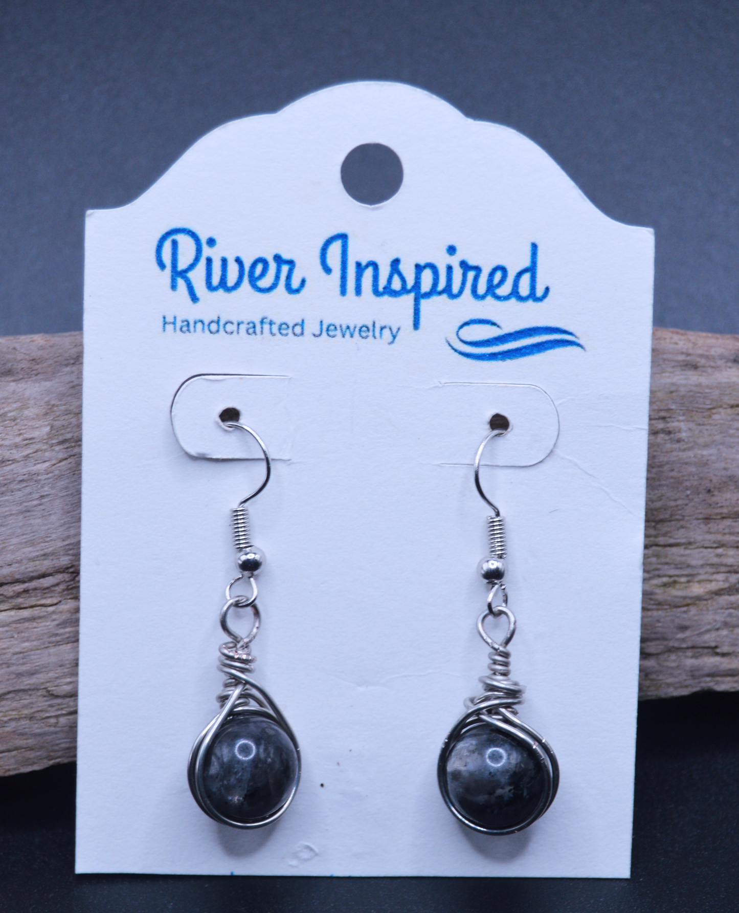 Mystic Night Elegance: Handcrafted Silver Wire-Wrapped Black Larvikite Earrings