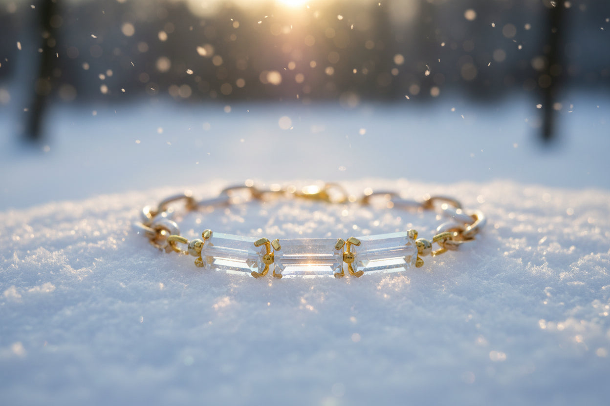 A gold chain bracelet featuring three rectangular iridescent glass beads on the front, set against a plain light gray background.