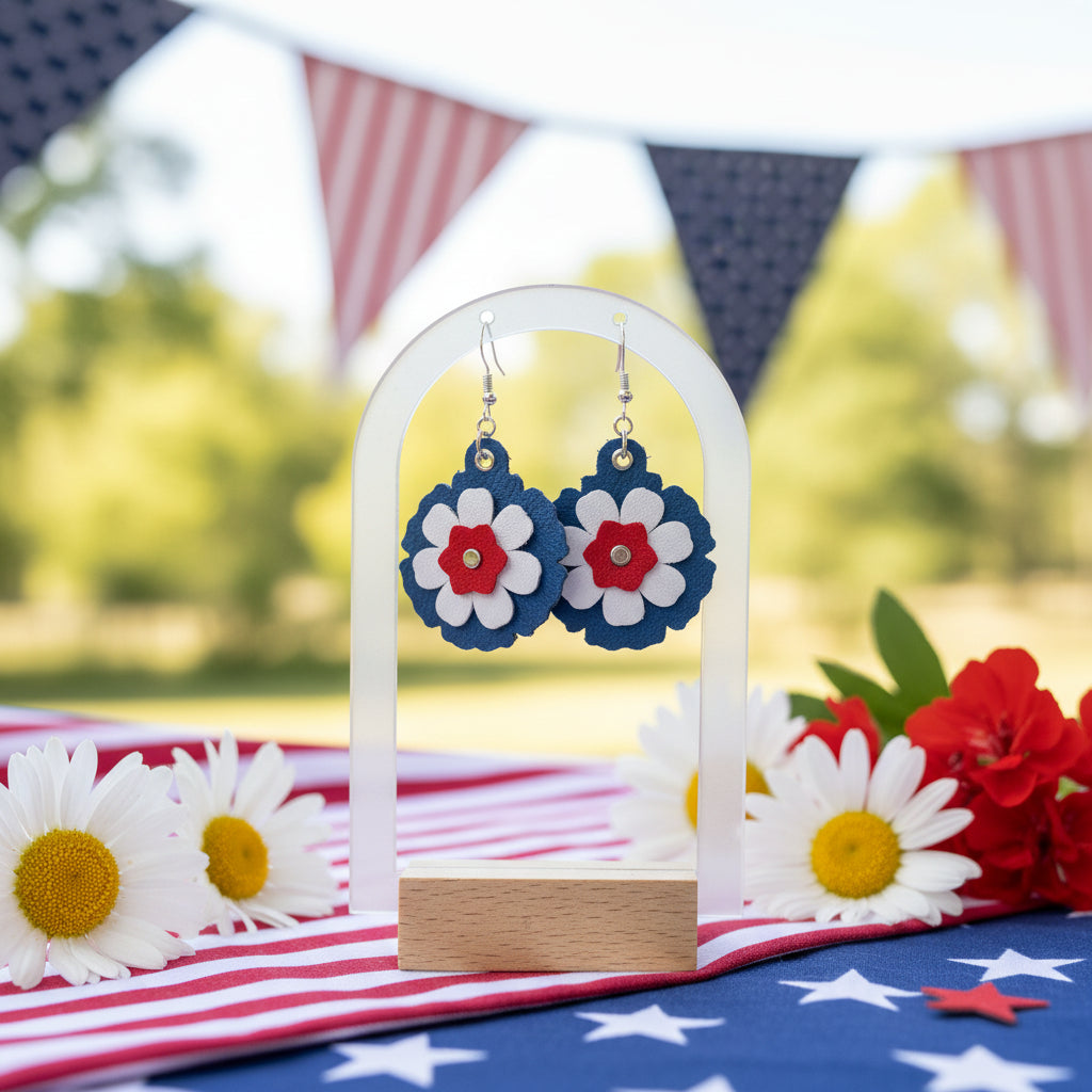 Floral earrings with red centers and blue and white petals on a clear stand against a black background
