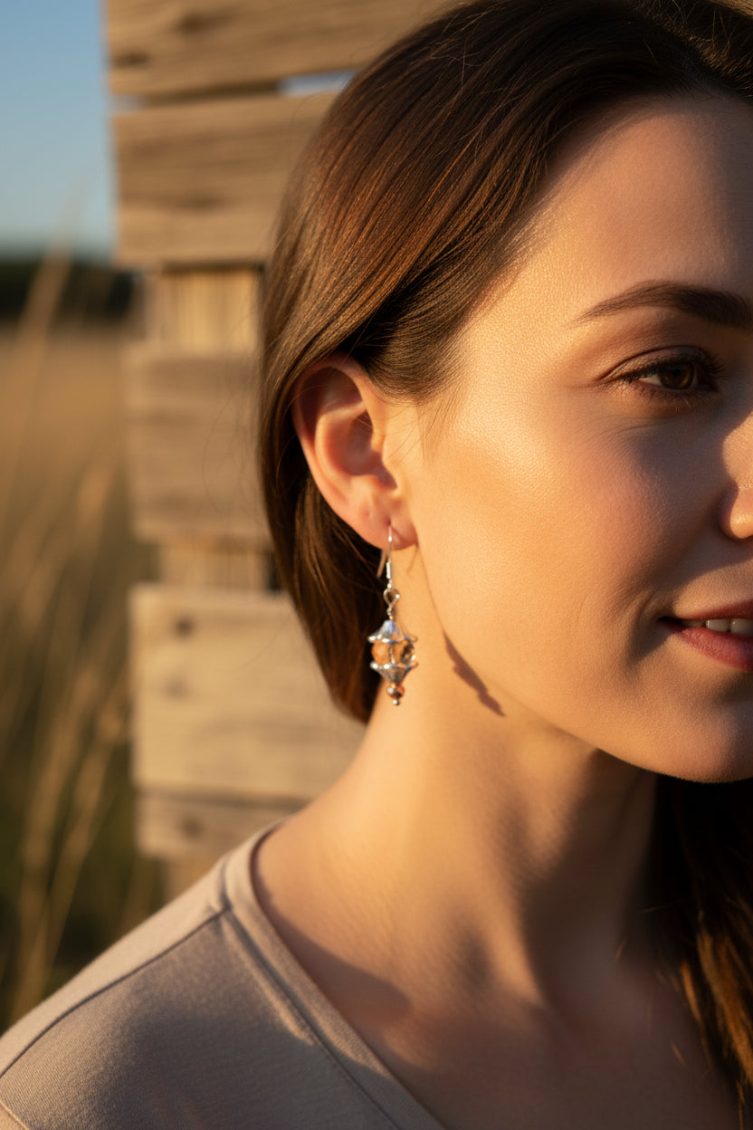 Pair of earrings with pink beads on a gray background