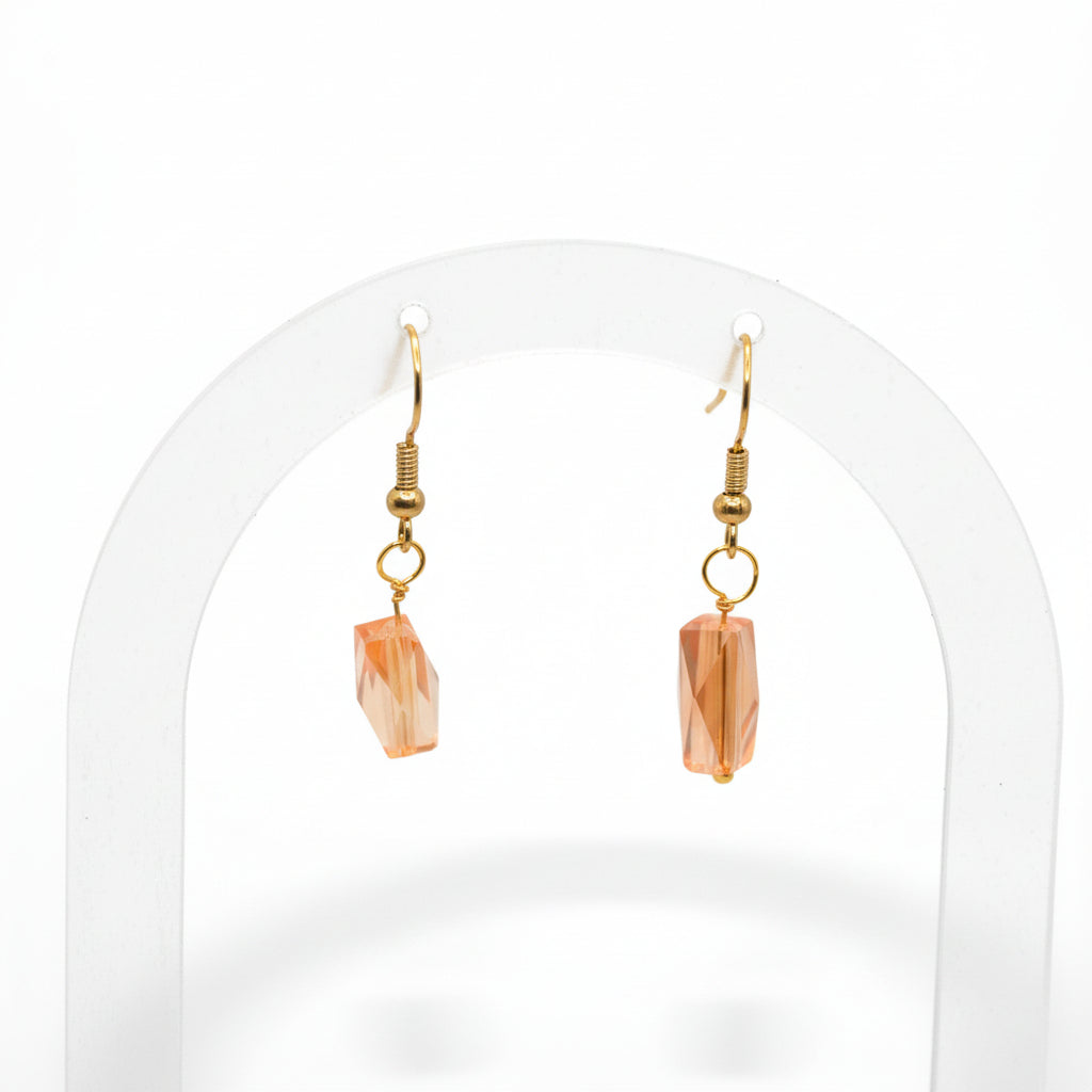 Pair of earrings with peach-colored stones on a gray background