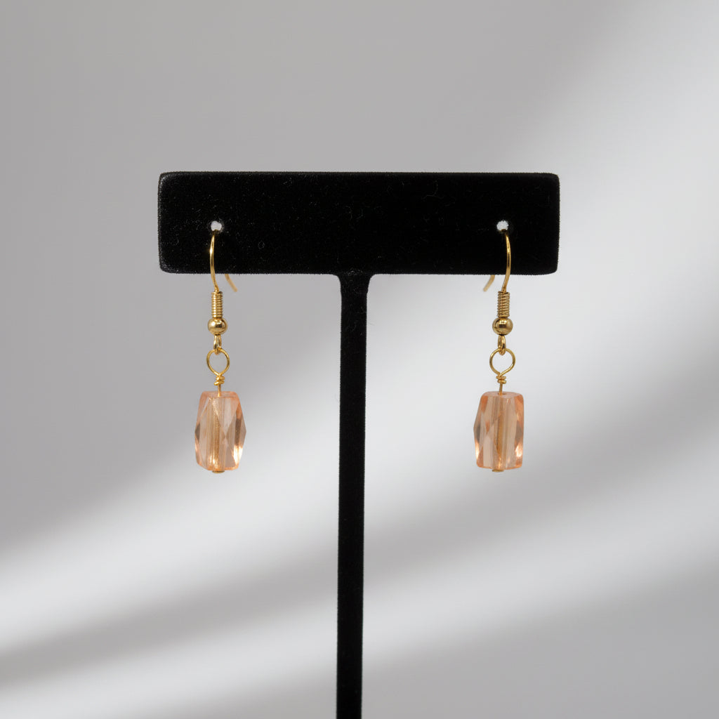 Pair of earrings with peach-colored stones on a gray background