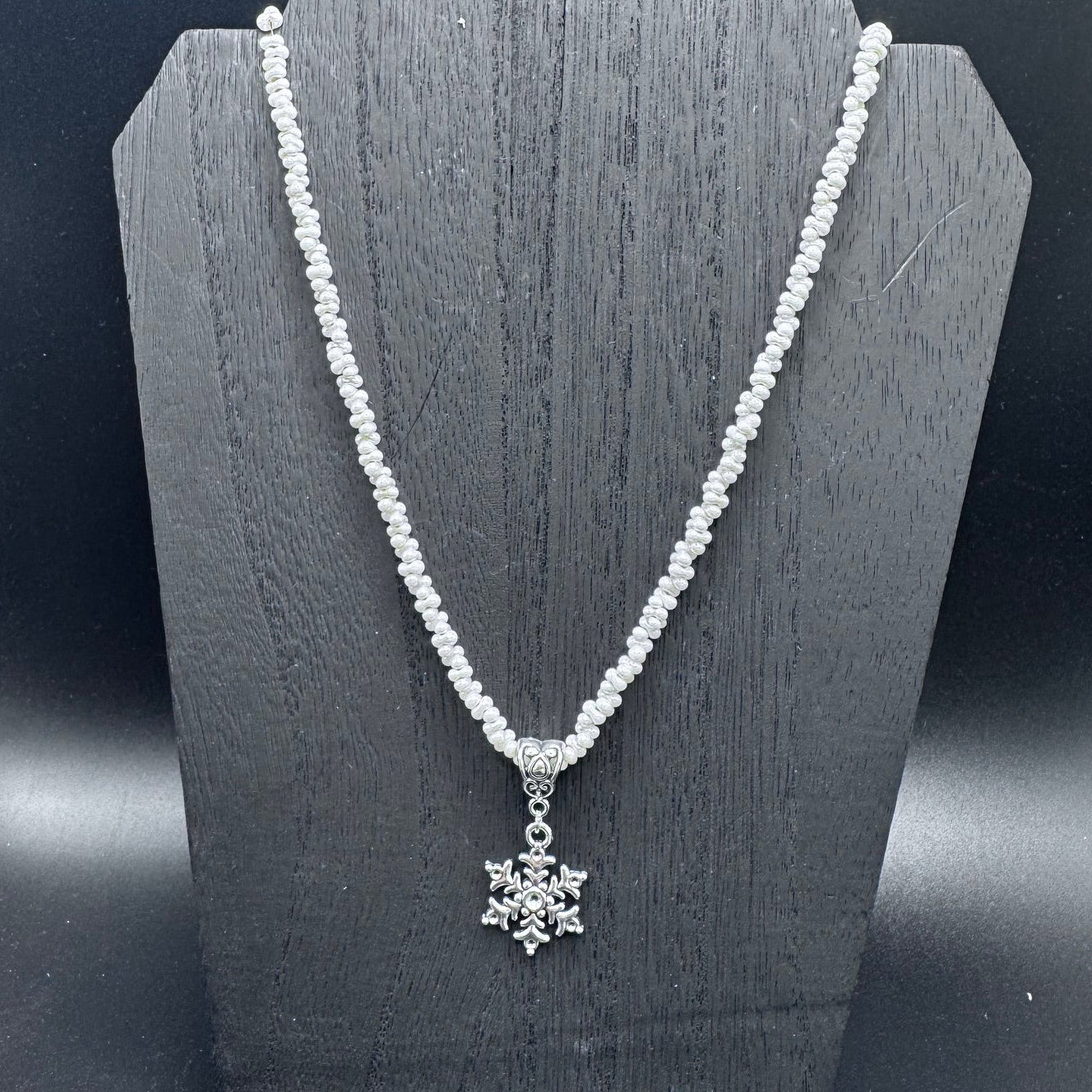 Winter Frost Snowflake Necklace – 21” White Peanut Seed Beads
