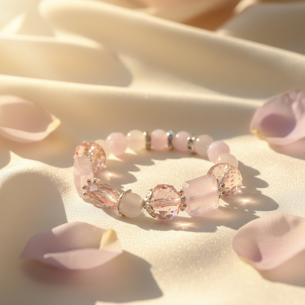 A pink beaded stretch bracelet featuring faceted pink crystal beads, round pale pink beads, and silver spacer rings, displayed on a neutral light gray background.