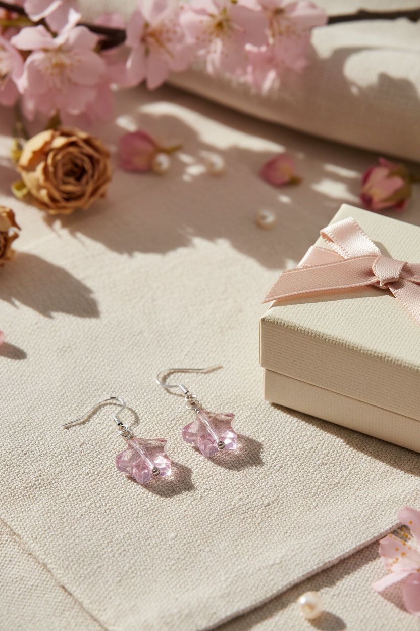 A pair of dangling earrings with silver-toned fishhook wires and small pink translucent star-shaped beads, displayed against a light gray background.