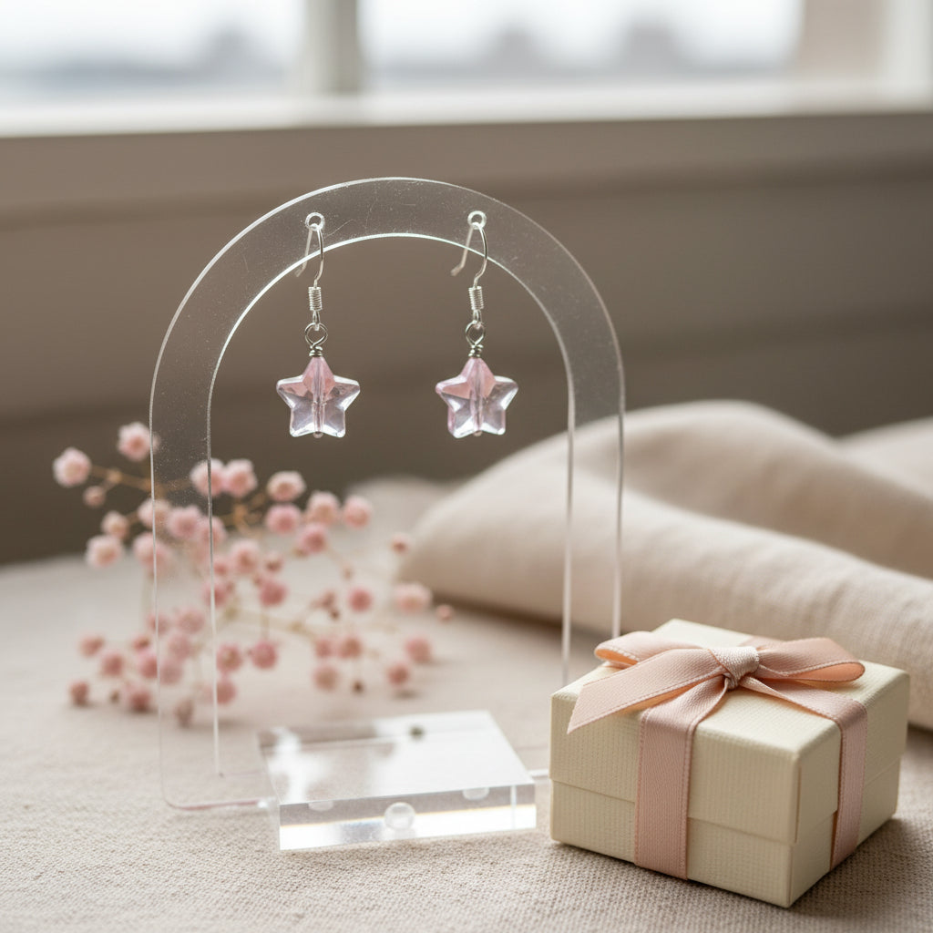 A pair of handmade dangle earrings featuring irregular, translucent light pink glass chips suspended from silver fishhook wires, displayed on a clear acrylic stand against a neutral gray background.