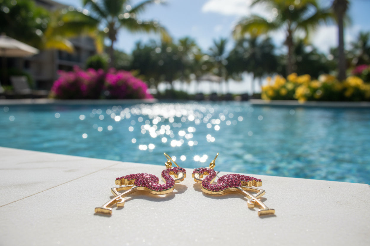 Flamingo-shaped earrings with pink and gold details on a gray background