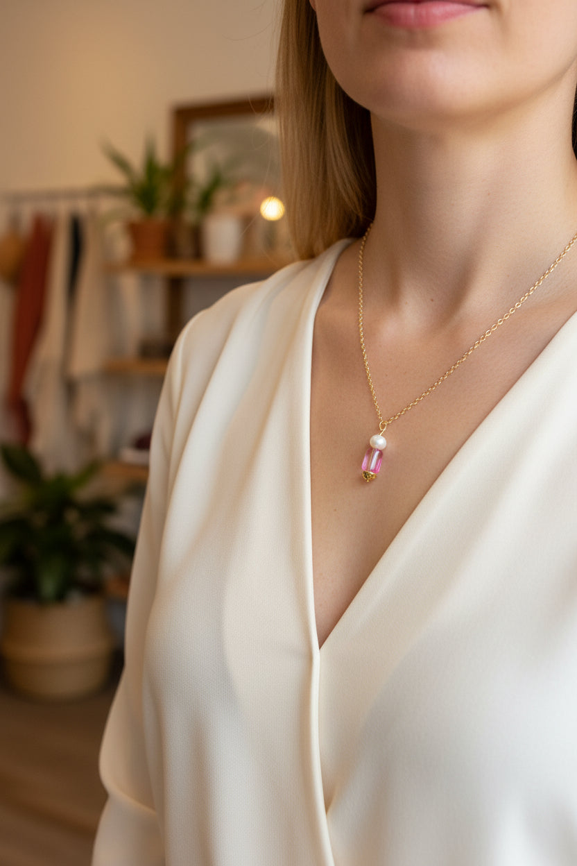 A delicate gold chain necklace displayed on a black velvet jewelry bust. The necklace features a central pendant with a faceted pink crystal, a small white bead, and gold-toned metal accents.