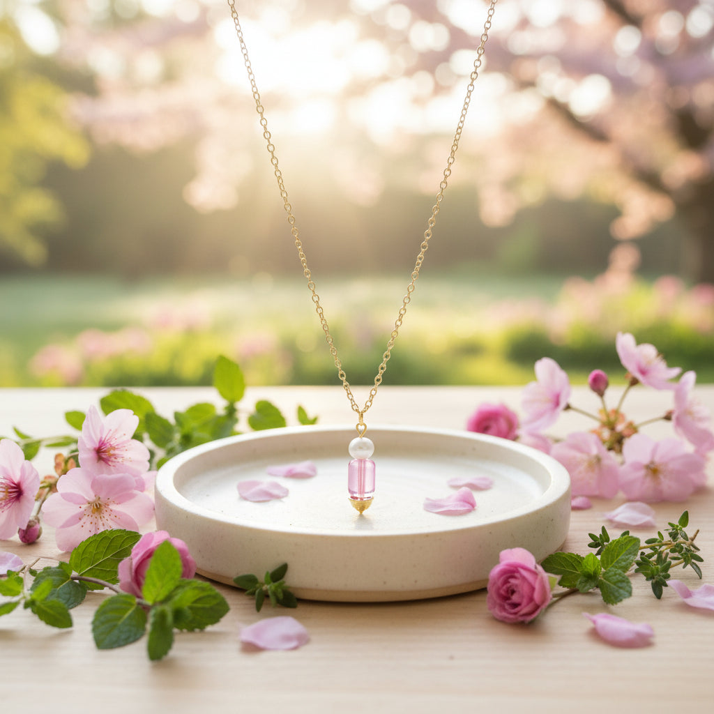 A delicate gold chain necklace with a pendant featuring a pink faceted crystal and a white bead, displayed on a black velvet jewelry bust.